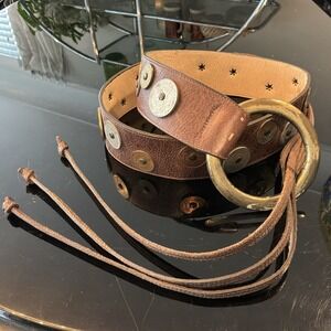 Vintage Women's Belt Sz M Coins Around World Brown Leather Waist‎ Belt